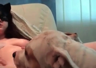 Dog licks and drills her wide opened cunt